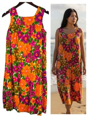 RARE Vtg 60s Pomare Dress Hawaiian Barkcloth Sz Medium Floral Tiki Luau Vibrant